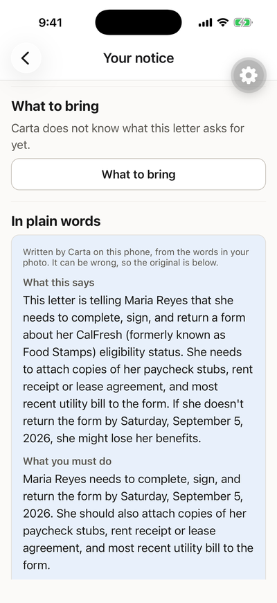 Carta's plain words screen, showing an explanation of a CalFresh letter generated on the phone. A notice above it reads that Carta wrote this on this phone from the words in the photo, that it can be wrong, and that the original is below.